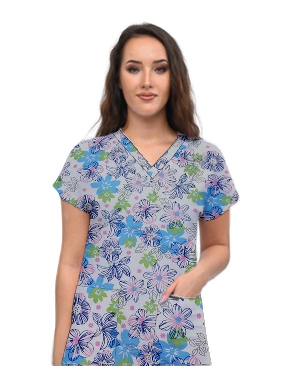 Blue and Green Flower Printed Top V Neck 2 Pocket Half Sleeve ladies