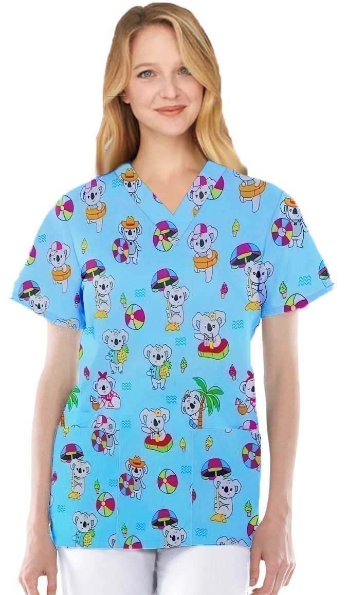 Teddy Bear Print Top V Neck 2 Pocket Half Sleeve in Interlock Stretch Fabric 100% Polyester