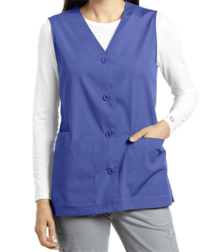 Stretchable Scrub Jacket Vest (Sleeveless) 2 Pockets with Cell Phone Pocket Solid Ladies Half Sleeves with Plastic Buttons in 35% Cotton 63% Polyester 2% Spandex