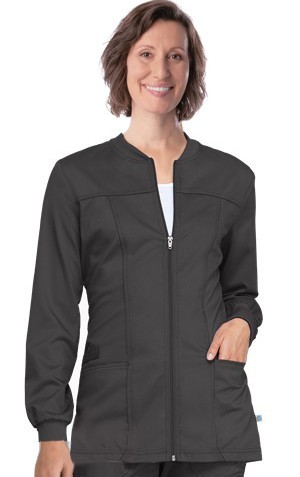 Stretchable Scrub Jacket with Front and Back Horizontal Vertical Piping 2 Pockets Solid Ladies Full Sleeves with RIB and Zip in 35% Cotton 60% Polyester 5% Spandex