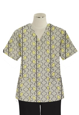 Top v neck 2 pocket half sleeve in Yellow petal and Grey print