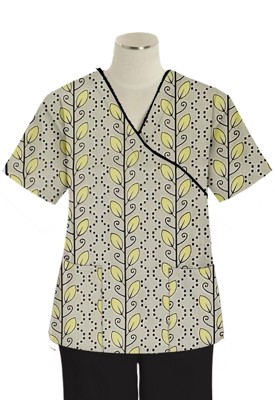 Top mock wrap 3 pocket half sleeve in Yellow petal and Grey print with black piping 