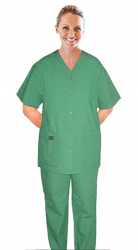 Scrub set 6 pocket v neck ladies half sleeves (top 4 pkt with horn buttons (pocket over pocket style) with pencil pkt pant 2 pkt boot cut)