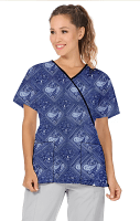 Top mock wrap 3 pocket half sleeve in Blue with Blue Classical Print with black piping
