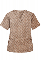 Top v neck 2 pocket half sleeve in Small Brown Flower Print (100% Polyester Fabric)
