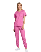 Stretch Ladies Jogger Scrub Set 9 Pockets Half Sleeves, Top 3 Pockets (1 Chest Pocket, 2 Lower Pockets) and Jogger Pant 6 Pockets (2 Cross Side Pockets, 2 Back Pockets, 2 Cargo Pockets) 35% Cotton, 60% Polyester, 5% Spandex