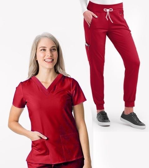 Stretch Ladies Jogger Scrub Set 9 Pockets Half Sleeves, Top 3 Pockets (1 Chest Pocket and 2 Lower Pockets) and Jogger Pant 6 Pockets (2 Cross Side Pockets, 2 Back Pockets, 2 Cargo Pockets) with Half Elastic Waistband and Matching Drawstring Both