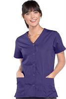 Scrub top 2 pocket solid ladies front open v-neck with snap buttons half sleeve 