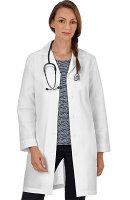 Microfiber labcoat ladies full sleeve with plastic buttons without pocket solid pleated (100 % polyester) in 36 38 40 42 lengths