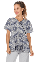 Top mock wrap 3 pocket half sleeve in Blue Paisley Print with Black Piping