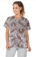 Top v neck 2 pocket half sleeve in Brown Paisley ladies