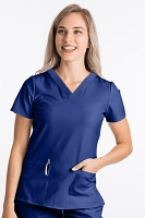 Microfiber Stretch Top v neck 2 pocket solid ladies half sleeve with pencil pocket in 97% Polyester 3% Spandex