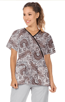 Top mock wrap 3 pocket half sleeve in Brown Paisley Print with Black Piping