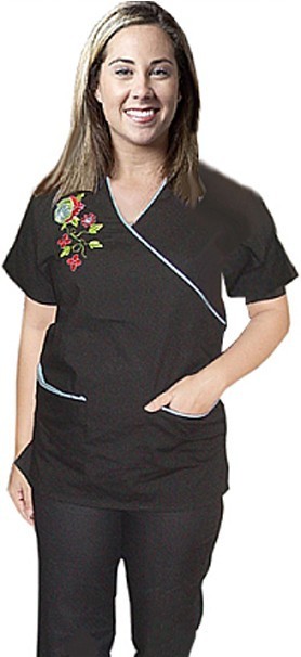 Scrub set with mock wrap 5 pocket half sleeve embroidered (top 3 pkt with bottom 2 pkt boot cut)