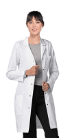 Poplin labcoat ladies full sleeve with snap buttons 3 pockets solid pleated (35 perc cotton 65 perc polyester) in 36 38 40 42  lengths