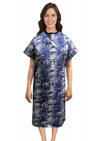 Patient gown half sleeve  printed back open tie-able, Blue And White Flower Print with black piping, Sizes XS-9X