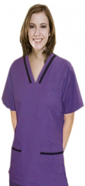 Contrast bias v-neck tunic style 4 pocket half sleeve with matching bottom (top 2 pkt with bottom 2 pkt boot cut) in 65% Polyester 35% Cotton