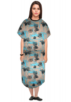 Patient gown half sleeve  printed back open tie-able, Turquoise and Black Obstract art with Black Piping, Sizes XS-9X