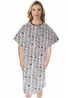 Patient gown 1 chest pocket half sleeve back open tie-able, Geometric Print with Black Piping, Sizes XS-9X