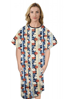 Patient gown 1 chest pocket half sleeve back open tie-able, Red and Beige flowers with blue background with Black Piping, Sizes XS-9X