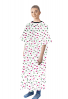 Patient gown 1 chest pocket half sleeve back open tie-able, Cherry Blossom Print, Sizes XS-9X