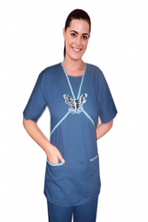 Stylish set big white butter fly double crossover style set half sleeve with ruffle at neck 4 pocket set (2 pocket top, 2 pocket bootcut pant) in 65% Polyester 35% Cotton