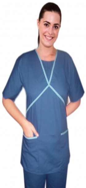 ruffle at neck double crossover style set half sleeve 4 pocket set (2 pocket top, 2 pocket bootcut pant) in 65% Polyester 35% Cotton