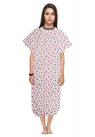 Patient gown 1 chest pocket half sleeve back open tie-able, Pink and black flower, Sizes XS-9X