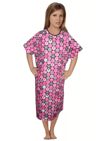 Patient gown 1 chest pocket half sleeve back open tie-able, Pink Ribbon Print, Sizes XS-9X