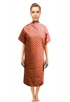 Patient gown half sleeve  printed back open tie-able, Red Square Print, Sizes XS-9X