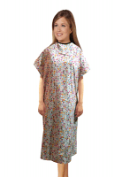 Patient gown 1 chest pocket half sleeve back open tie-able, Multi Flower Print, Sizes XS-9X
