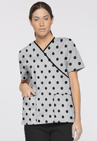 Polka Dots Print Scrub Set Mock Wrap With Black Piping 5 Pocket Half Sleeves (Top 3 Pockets With Bottom 2 Pockets Boot cut)