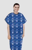 Patient gown half sleeve  printed back open tie-able, Blue with Blue Classical Print with Black Piping, Sizes XS-9X 