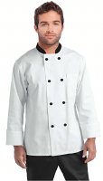 Poplin Men's Full Sleeve Chef Coat With 1 Chest pocket and 1 Sleeve Pocket in Black Collar and Button Front Closure (35 perc cotton 65 perc polyester poplin)
