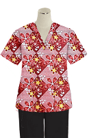 Printed scrub set 4 pocket ladies half sleeve Brown Flowers With Yellow Filling Print (2 pocket top and 2 pocket black pant) (100% Polyester Fabric)