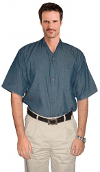 Unisex denim half sleeve shirt with 1 chest pocket in dark denim shade