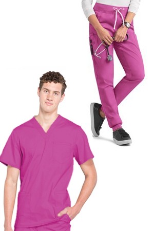 Stretchable Unisex Jogger Scrub Set 9 Pockets Half Sleeves, Top 3 Pockets (1 Chest Pocket and 2 Lower Pockets) and Jogger Pant 6 Pockets (2 Side Pockets, 2 Back Pockets, 2 Cargo Pockets) in 35% Cotton 60% Polyester 5% Spandex