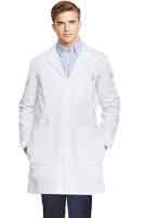 Poplin labcoat unisex full sleeve with plastic buttons 3 front pockets pleated with side inside pockets(access to pockets from side)  (35 perc cotton 65 perc polyester)  in 36 38 40 42 lengths