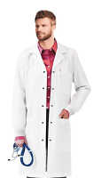 Poplin labcoat unisex full sleeve with Rib Cuff Sleeves and snap buttons 3 pockets solid pleated  (35 perc cotton 65 perc polyester)  available in 36 38 40 42  inch lengths