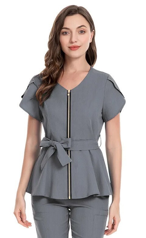 Microfiber Womens Fashion Scrub Set with Front Zipper and Belt Scrub Top and 4 Pockets Scrub Pant (2 side pockets and 2 cargo pockets) (100% POLYESTER) 