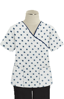 Printed scrub set mock wrap 5 pocket half sleeve in Green Square print with black piping  (top 3 pocket with black bottom 2 pocket boot cut)