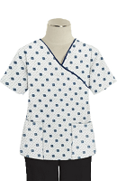 Printed scrub set mock wrap 5 pocket half sleeve in Green Square print with black piping  (top 3 pocket with bottom 2 pocket boot cut)