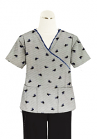 Printed scrub set mock wrap 5 pocket half sleeve in Black Leaf print with black piping  (top 3 pocket with bottom 2 pocket boot cut)
