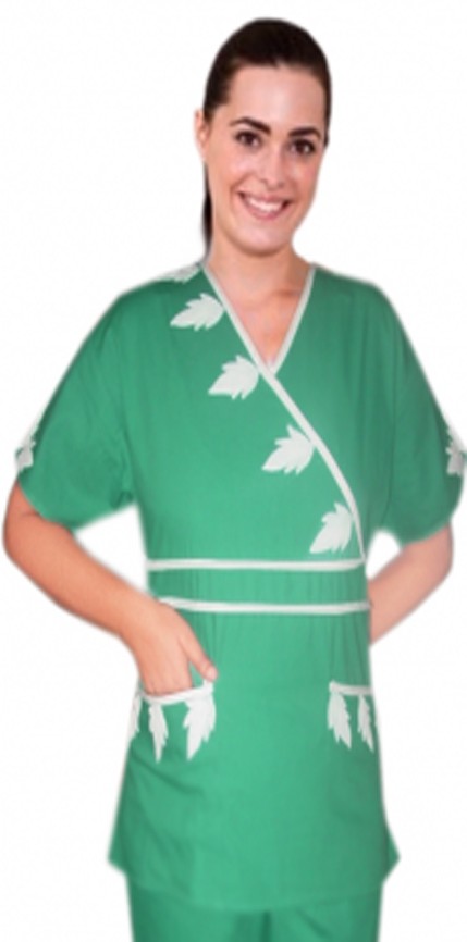 Microfiber Stylish top painted white leaf style crossover top double piping solid 2 pocket half sleeve (100% Polyester)