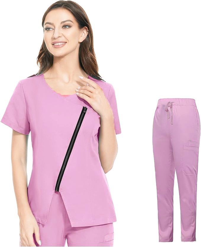 Microfiber Women Scrub Set with Scrub Top Diagonal Zipper and Scrub Pant 6 Pockets with matching drawstring (100% POLYESTER) 