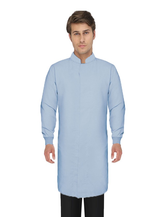 Microfiber Stretch Unisex Full Sleeve Lab Coat, no pocket, stand up collar with covered snap button and Knit Cuff (97% polyester,3% Spandex) for Food Processing Industry 