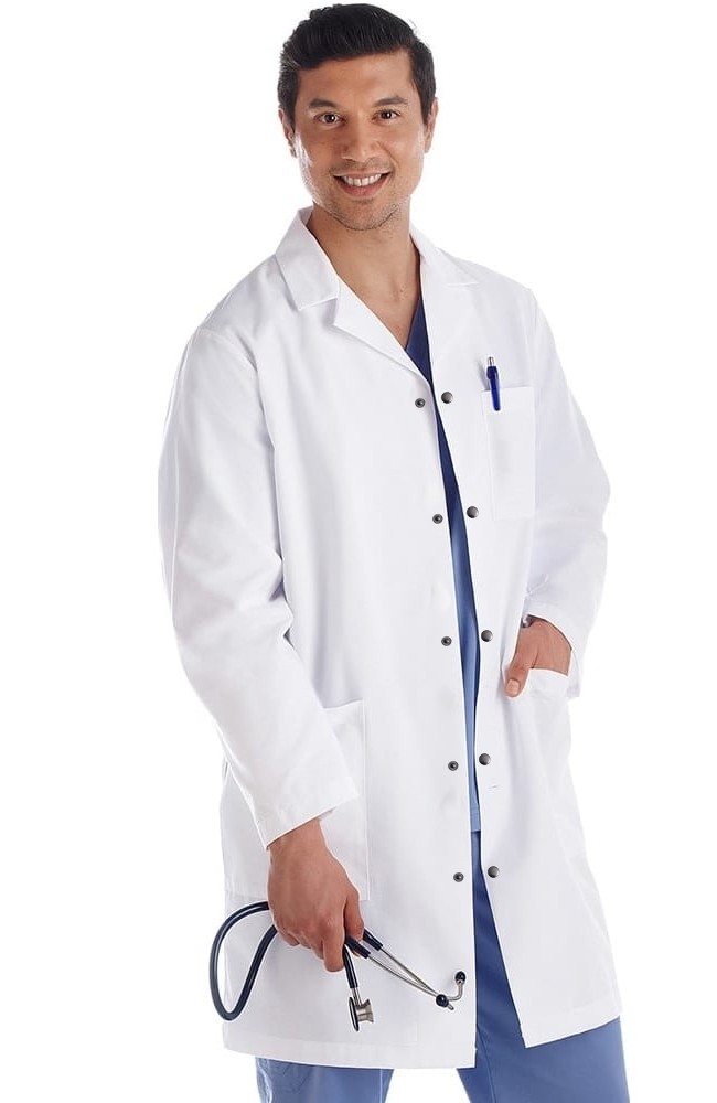 Microfiber Stretch labcoat unisex full sleeve with snap buttons 3 pockets solid pleated (97% perc polyester,3% Spandex)  available in 36 38 40 42  inch lengths