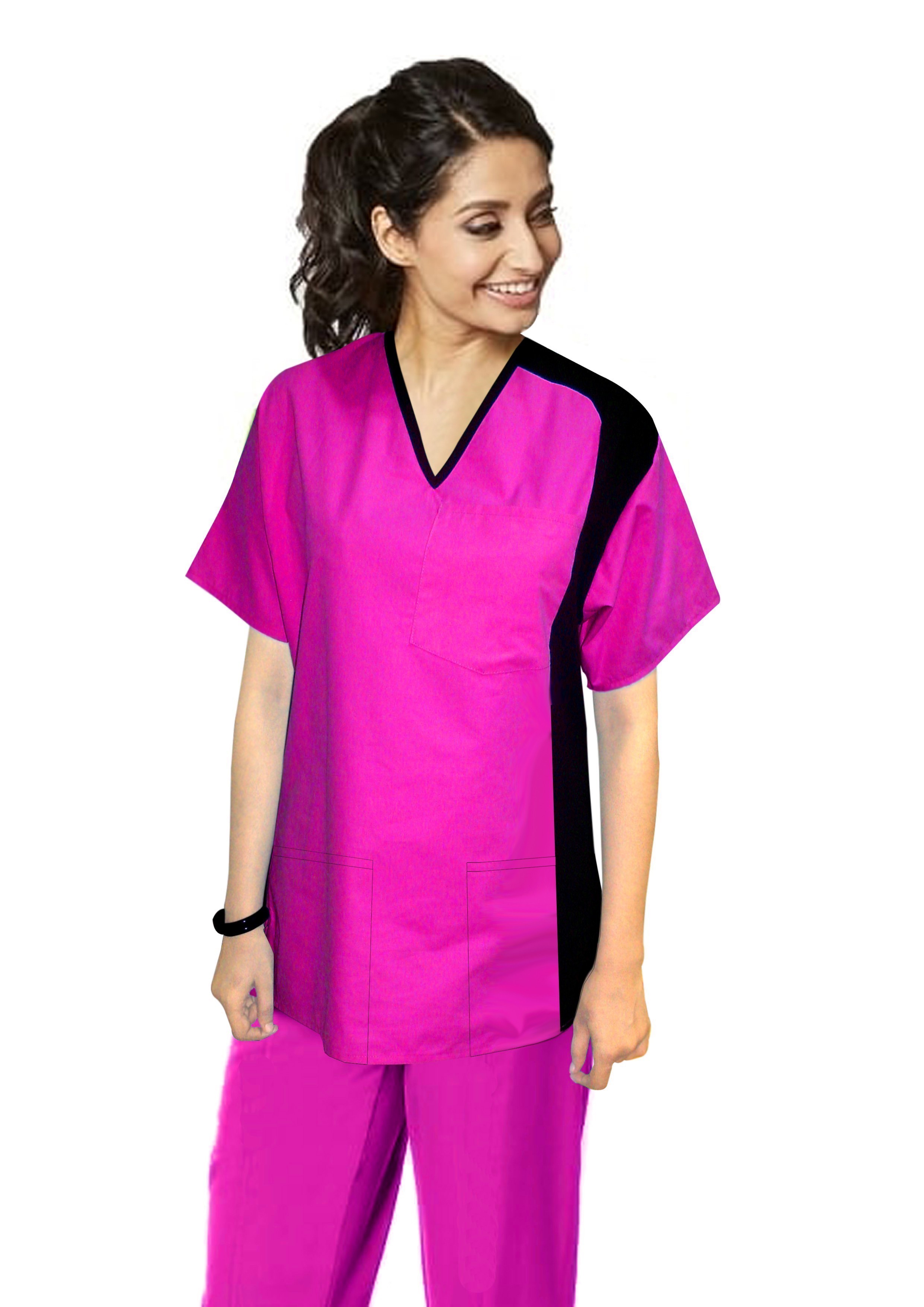 Microfiber Stretch Sleeve side contrast set ladies with matching bottom (top 3 pkt with bottom 2 pkt boot cut)  in 97% Polyester 3% Spandex