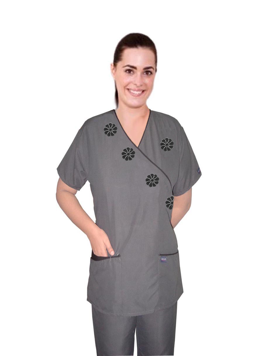 Microfiber Stretch Stylish set black flower mock wrap microfiber set 5 pocket half sleeve (top 3pkt mockwrap with bottom 2pkt boot cut) in 97% Polyester 3% Spandex