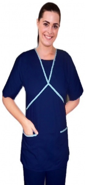 Microfiber Stretch ruffle at neck double crossover style set half sleeve 4 pocket set (2 pocket top, 2 pocket bootcut pant) in 97% Polyester 3% Spandex